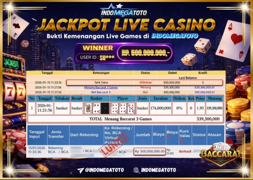 INDOMEGATOTO JACKPOT LIVE GAME BACCARAT Rp.500.000.000,- LUNAS